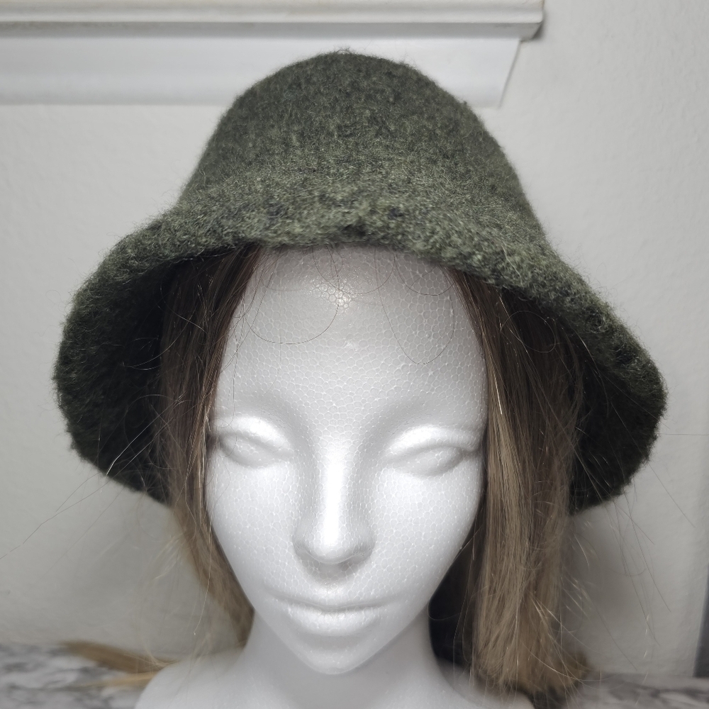 Olive Green Fuzzy Hand Felted Wool Bucket Hat  Vintage 90's Style, one size
